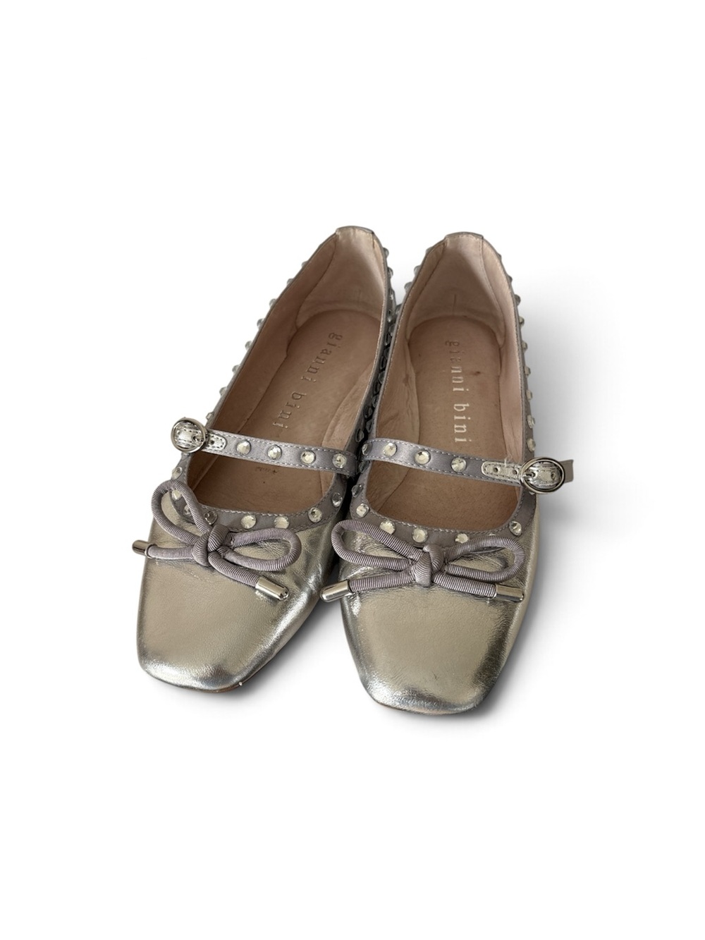 Gianni Bini Metallic Silver Mary Jane Flats with Studs and Bow